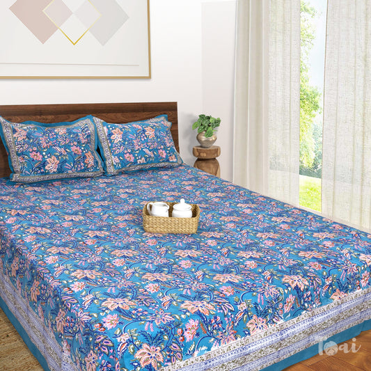 Pink Purple florals on Blue |hand block printed bedsheet| Double bed ,Queen size | 210 TC Pure Cotton| Complementing pillow covers