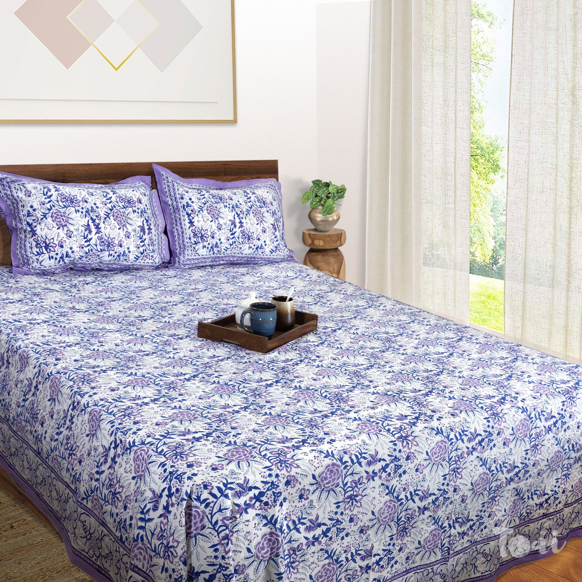 Jaipur Floral Print White Lavender Garden| Premium Bedsheet