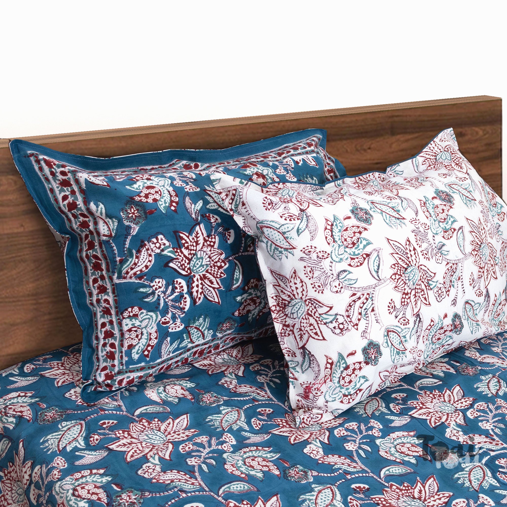 White Red Florals on Blue |hand block printed bedsheet| Double bed ,Queen size | 210 TC Pure Cotton| Complementing pillow covers