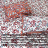 Blue, Red, Peach flowers on White |hand block printed bedsheet| Double bed ,Queen size | 210 TC Pure Cotton| Complementing pillow covers