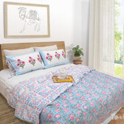Pink Florals on Blue | Quilt Duvet Cover with Pillow Covers