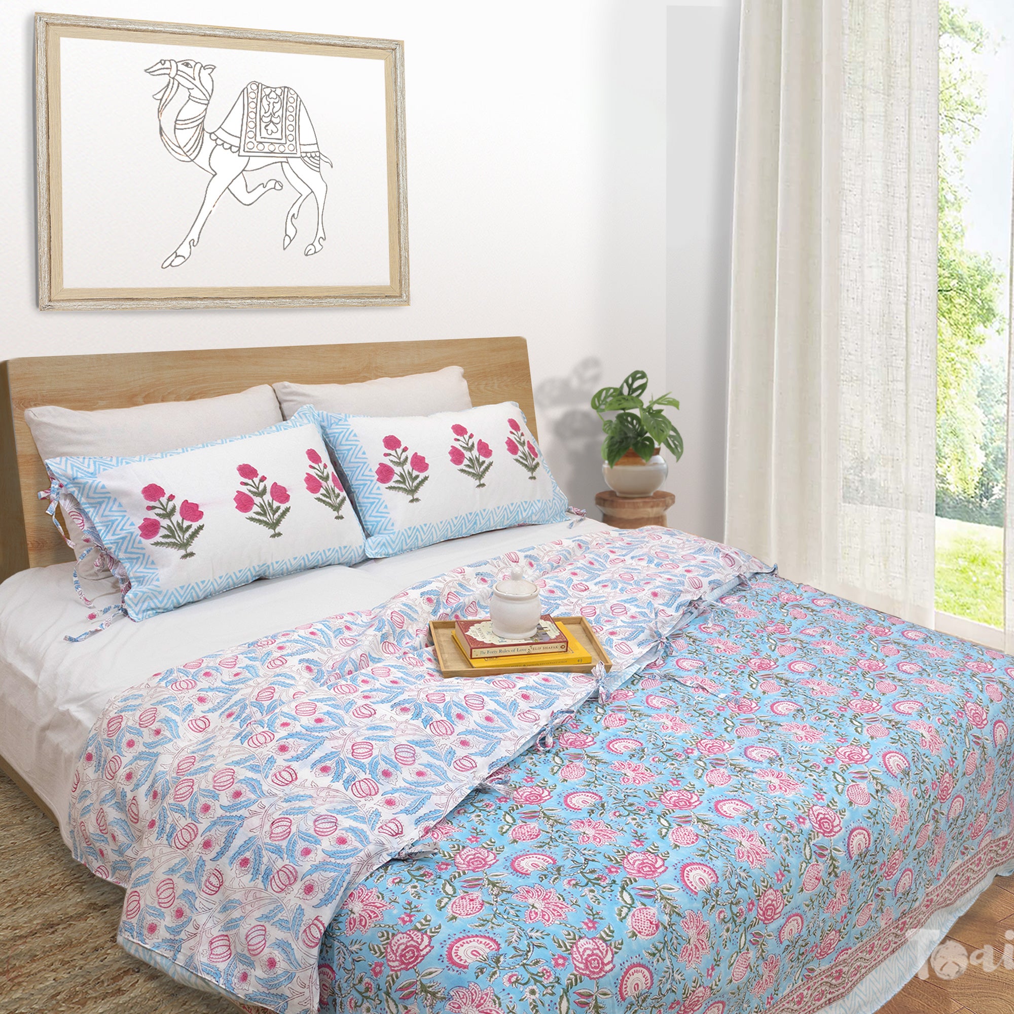 Pink Florals on Blue | Quilt Duvet Cover with Pillow Covers