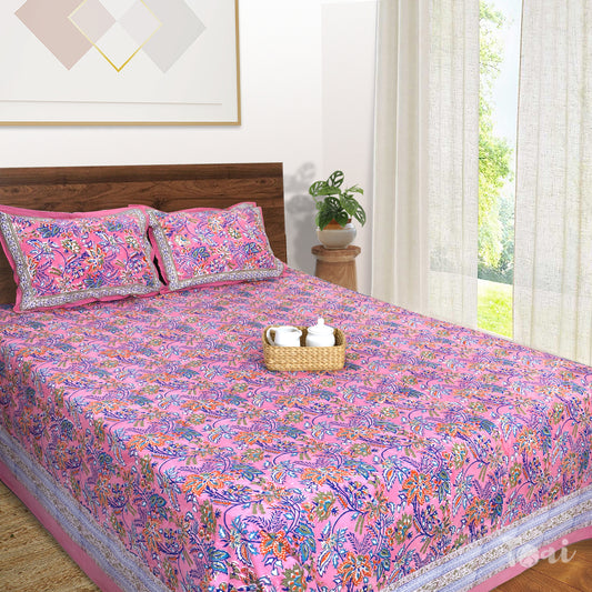 Purple, Blue, Green Florals on Pink |hand block printed bedsheet| Double bed ,King size | 210 TC Pure Cotton| Complementing pillow covers