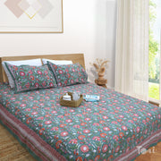 Pink Florals on Deep Green  - King Queen Cotton Bed sheet