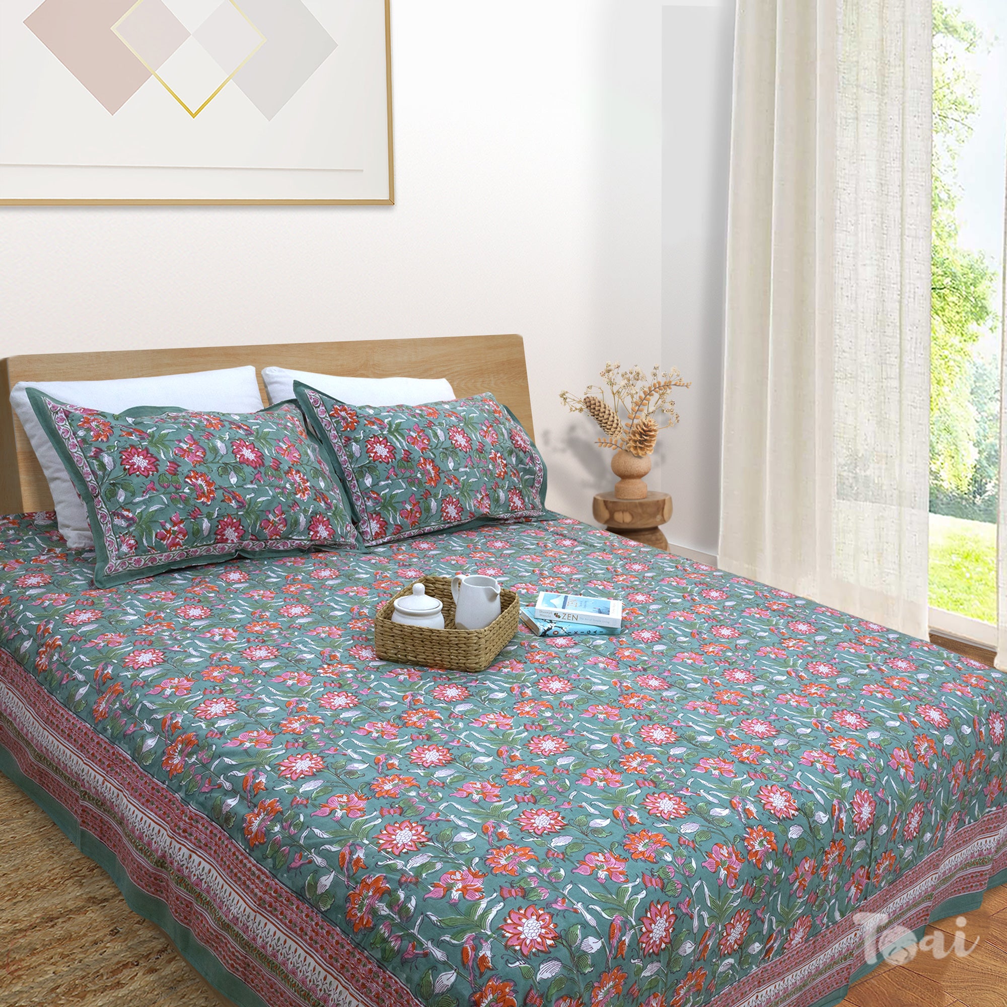 Pink Florals on Deep Green | Fine Quality Bedsheet