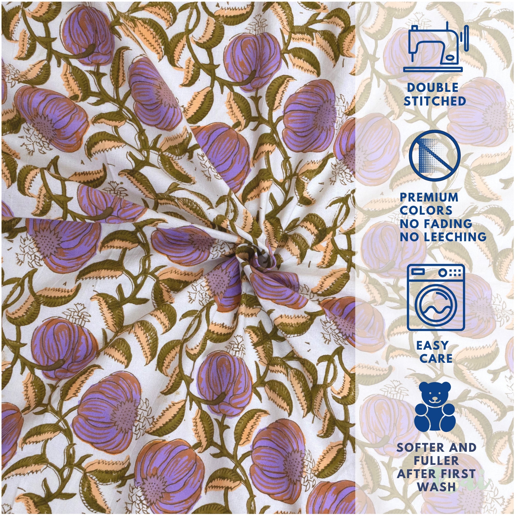 Round Florals On Green  - 250TC Pure Cotton