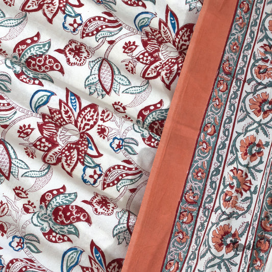 Blue, Red, Peach flowers on White |hand block printed bedsheet| Double bed ,Queen size | 210 TC Pure Cotton| Complementing pillow covers