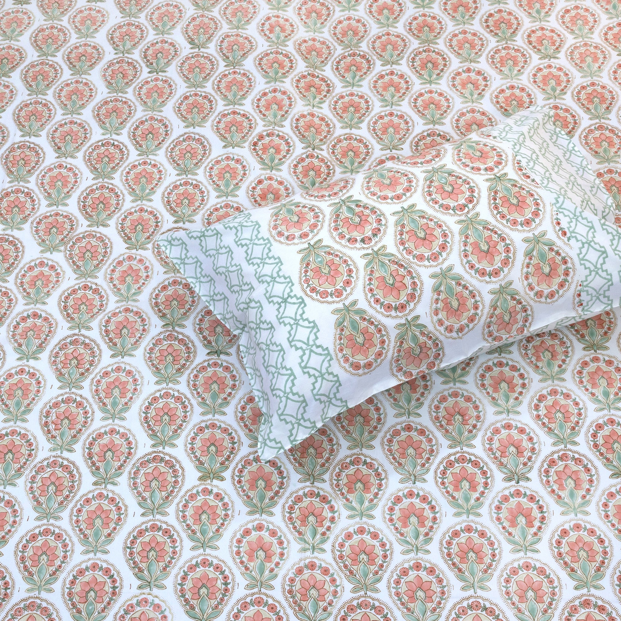 Peach Green White | Premium Bedsheet