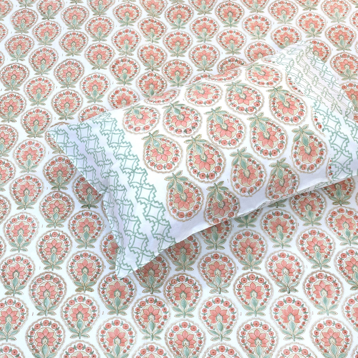 Peach Green White | Premium Bedsheet