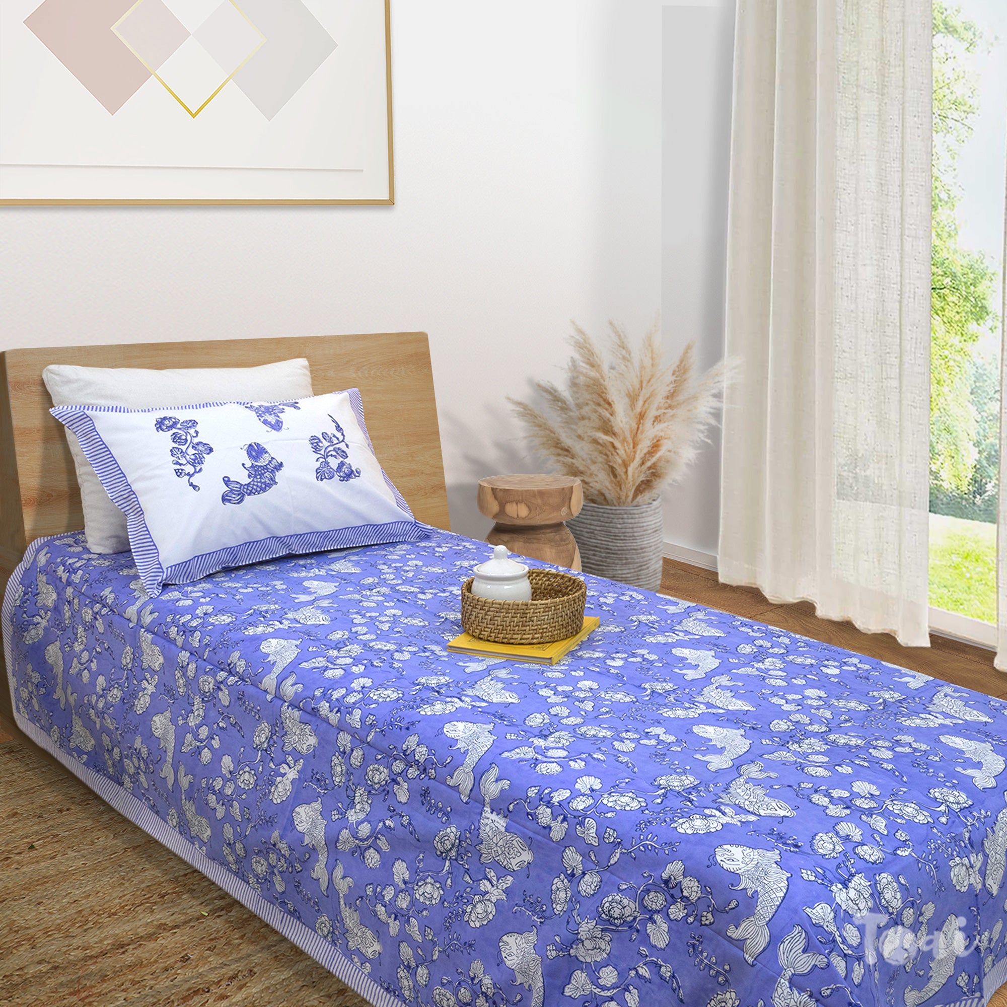 Purple Kalamkari Fish | Premium Bedsheet