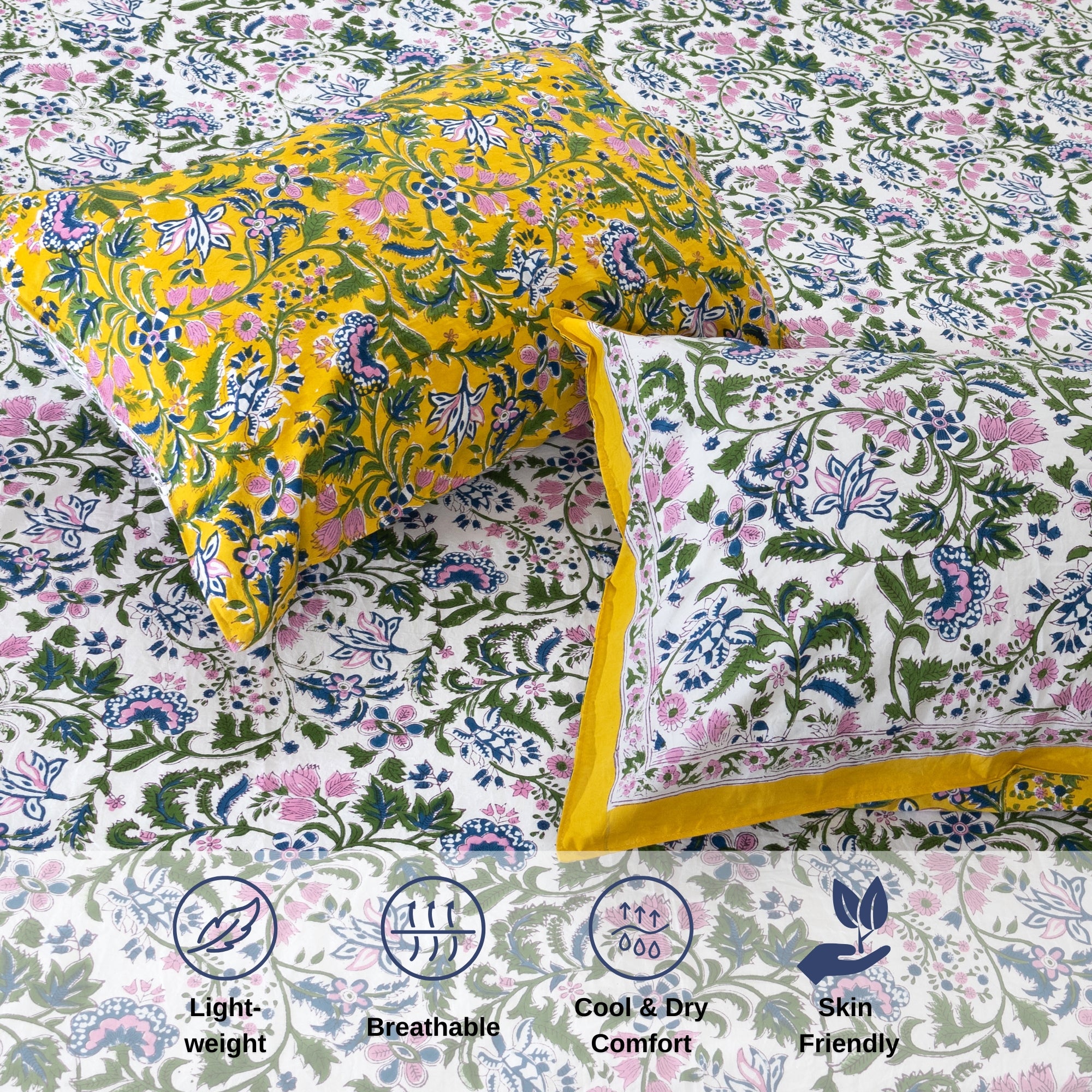 Jaipur Floral Print Florals On White | Premium Bedsheet