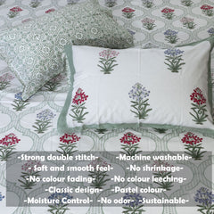Red Blue Motives On Green Jaal |hand block printed bedsheet| Double bed: Queen size, King Size | 300 TC Premium Pure Cotton| Complementing pillow covers