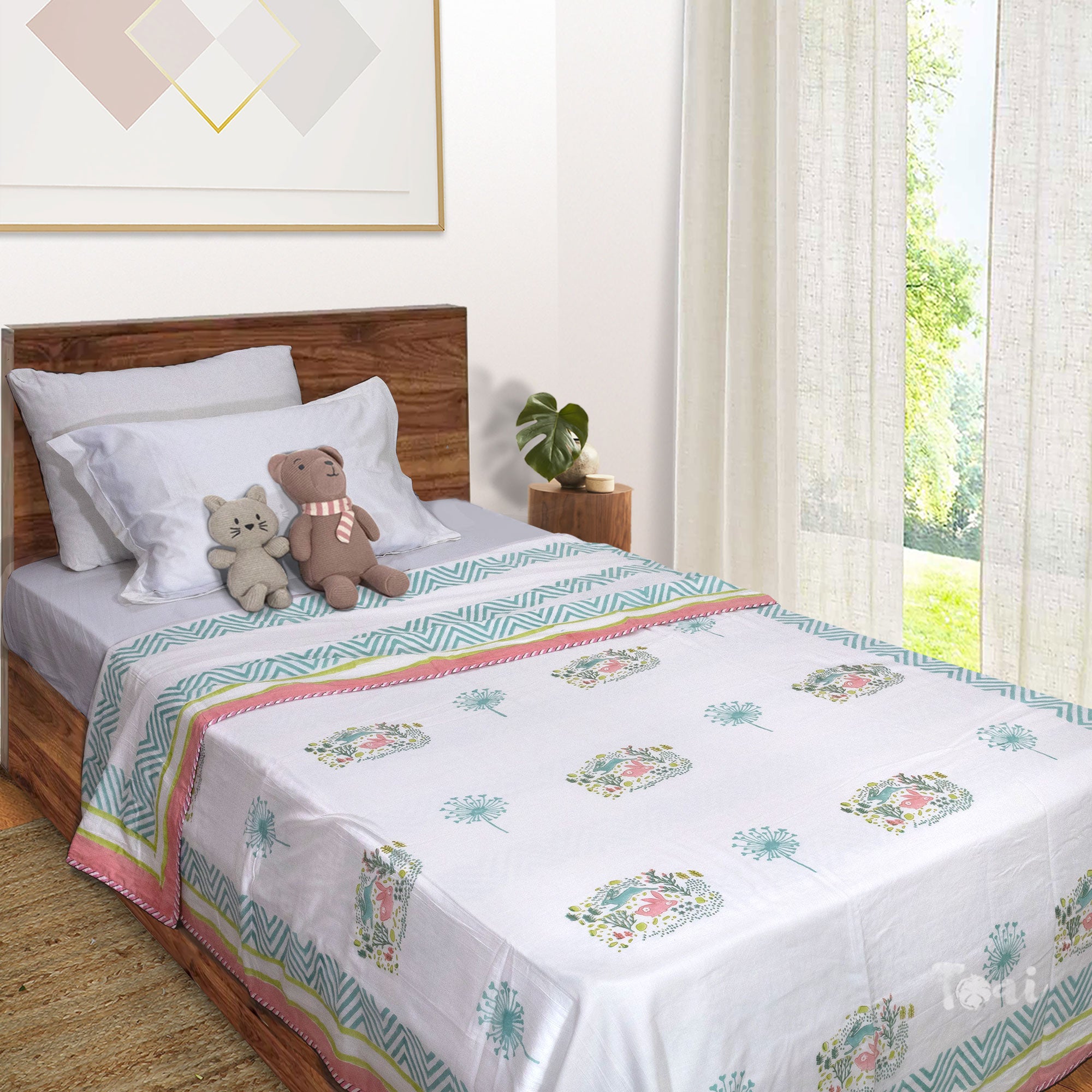 Bunny White Green Pink | Dohar | Summer Blanket