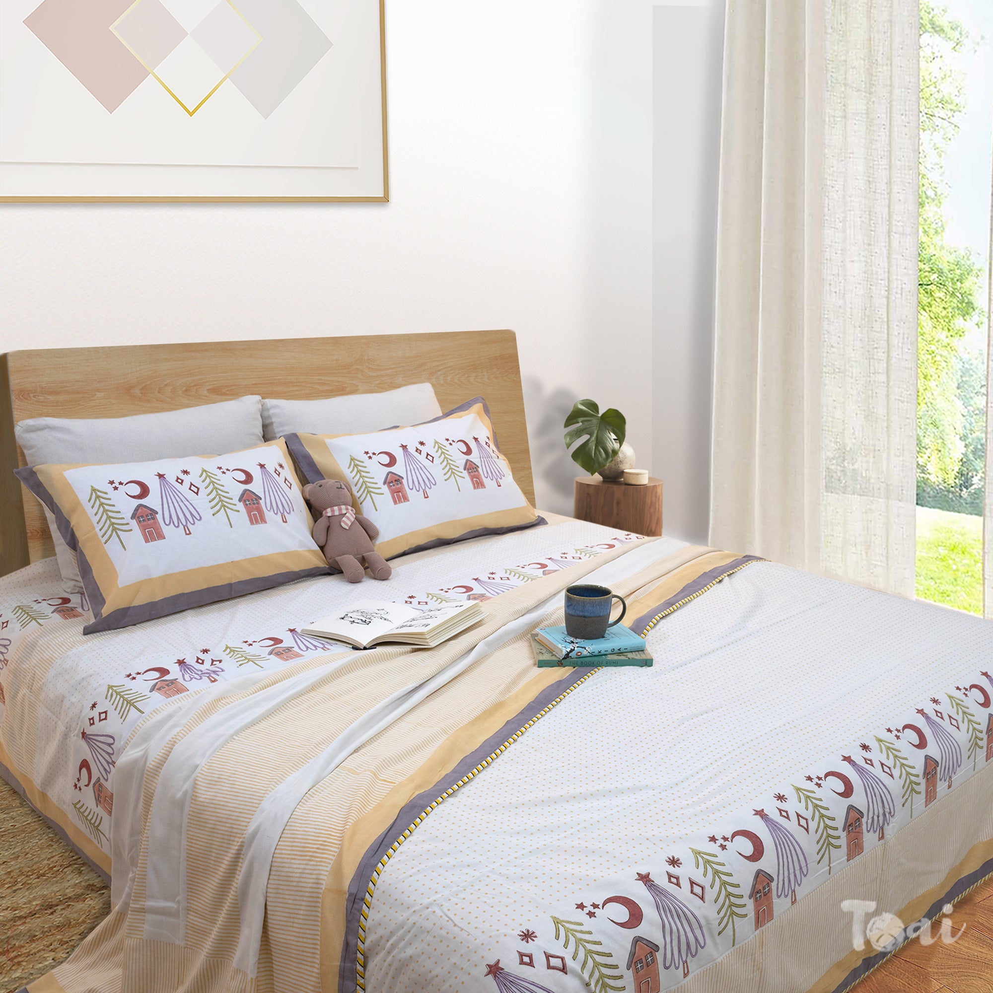 Yellow Polka |All- Season Bedding Set | Premium Bedsheet , Pillow Covers, Dohar