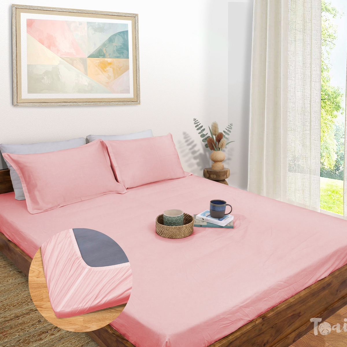 Pink Applique | All- Season Bedding Set | Premium Fitted Sheet , Pillow Covers, Applique Bedcover
