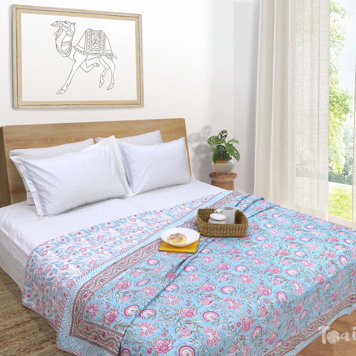 Pink Florals on Blue   | Dohar | Summer Blanket