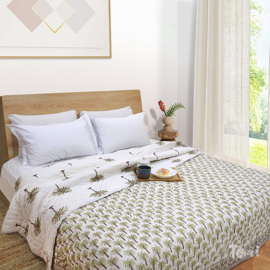 Palm Tree | 300TC Bedsheet | 2 Pillow Covers | Mulmul Cotton Dohar