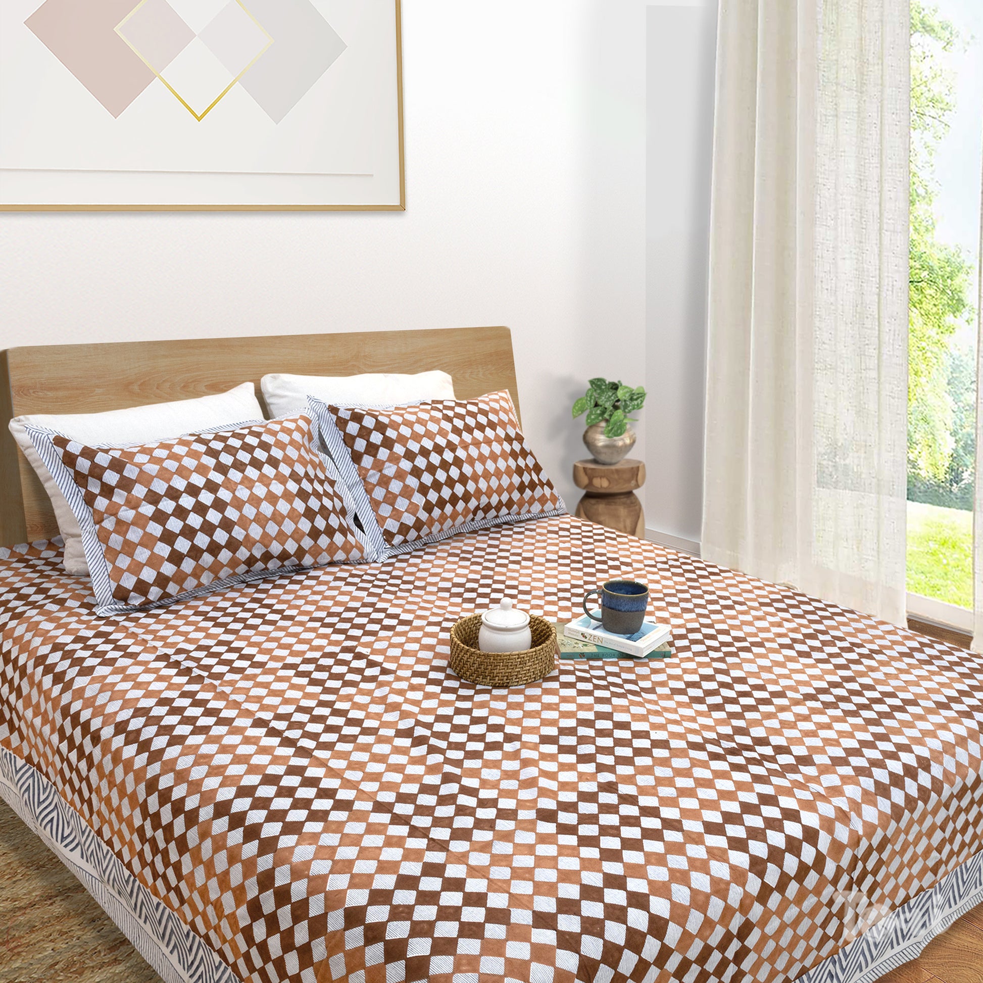 Brown Checks Blue Lines -Double Bed Bedding Set