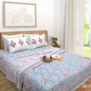 Pink Flowers on Blue -Dohar Bedding Set