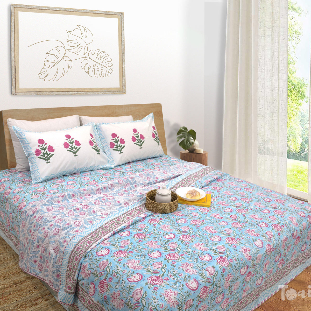 Pink Flowers on Blue |All- Season Bedding Set | Premium Bedsheet , Pillow Covers, Dohar
