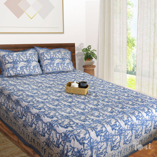 Blue Birds and White |hand block printed bedsheet| Double bed: Queen size, King Size | 300 TC Premium Pure Cotton| Complementing pillow covers