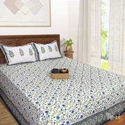 White Blue Florals  - King Queen Cotton Bed sheet