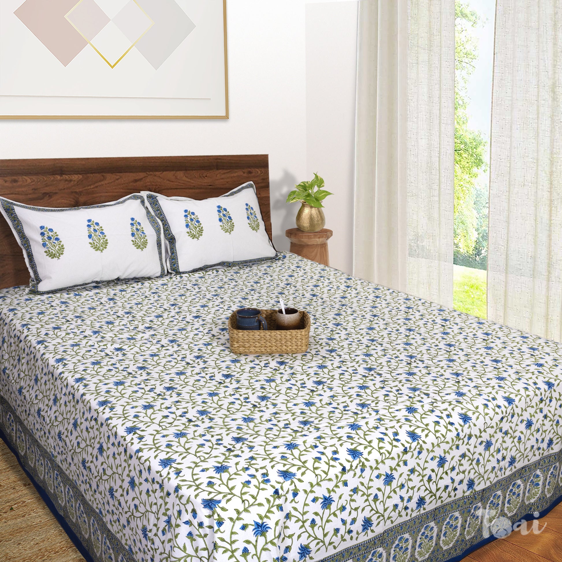 White Blue Florals  - King Queen Cotton Bed sheet