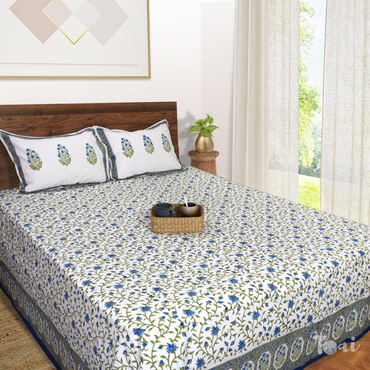 Small Blue and green flowers on White |hand block printed bedsheet| Double bed ,King size | 210 TC Pure Cotton| Complementing pillow covers