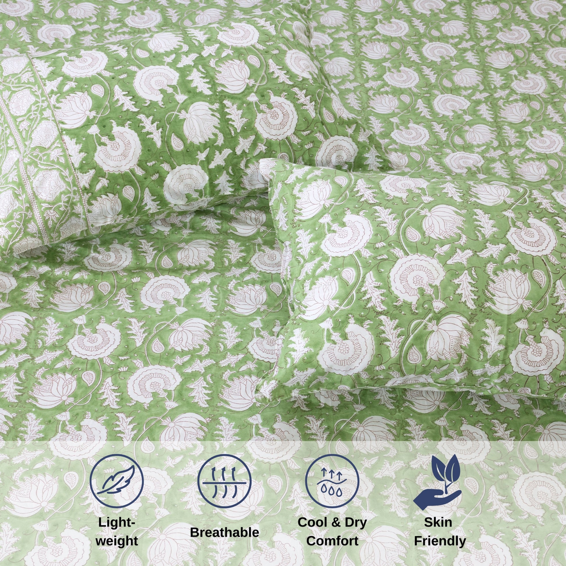 Green Kalamkari  - Reversible Pillow Covers double bedsheet
