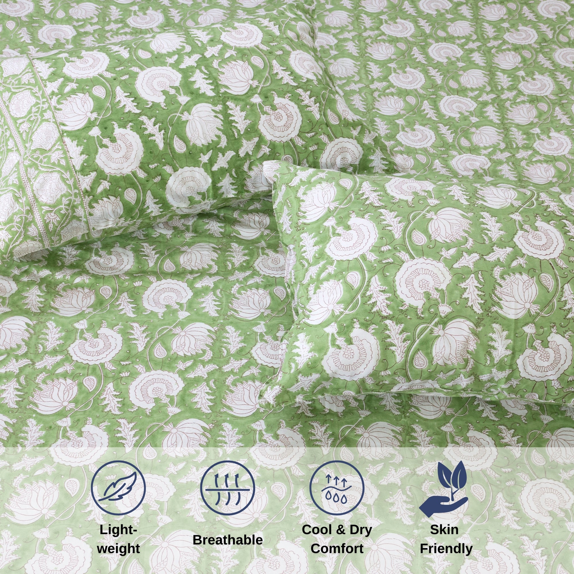 Green Kalamkari  - Reversible Pillow Covers double bedsheet