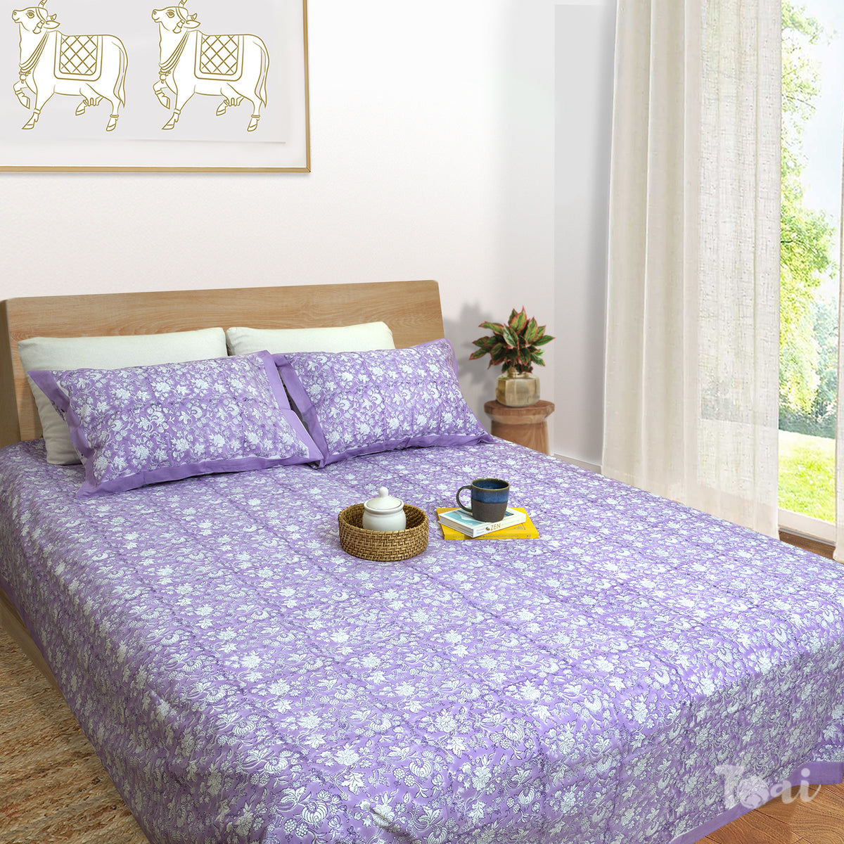 Lavender Kalamkari| 300TC Bedsheet | 2 Pillow Covers | Mulmul Cotton Quilt