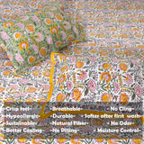 Yellow, Green and Pink flowers on White |hand block printed bedsheet| Double bed ,King size | 210 TC Pure Cotton| Complementing pillow covers