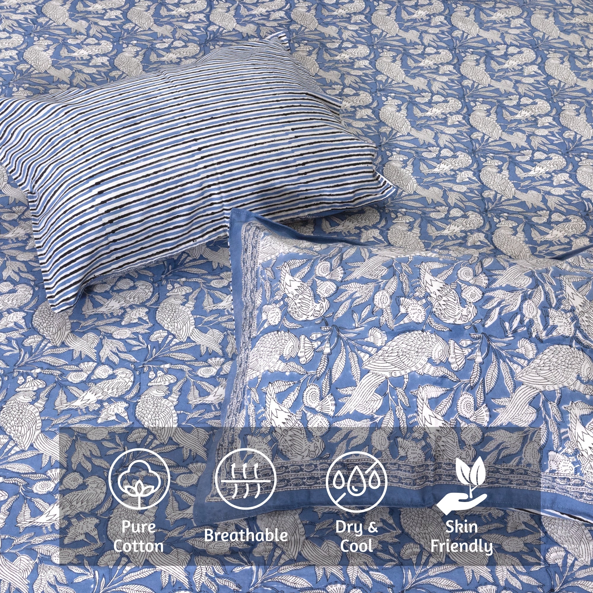 Blue White Parrots  - Reversible Pillow Covers with bed sheet