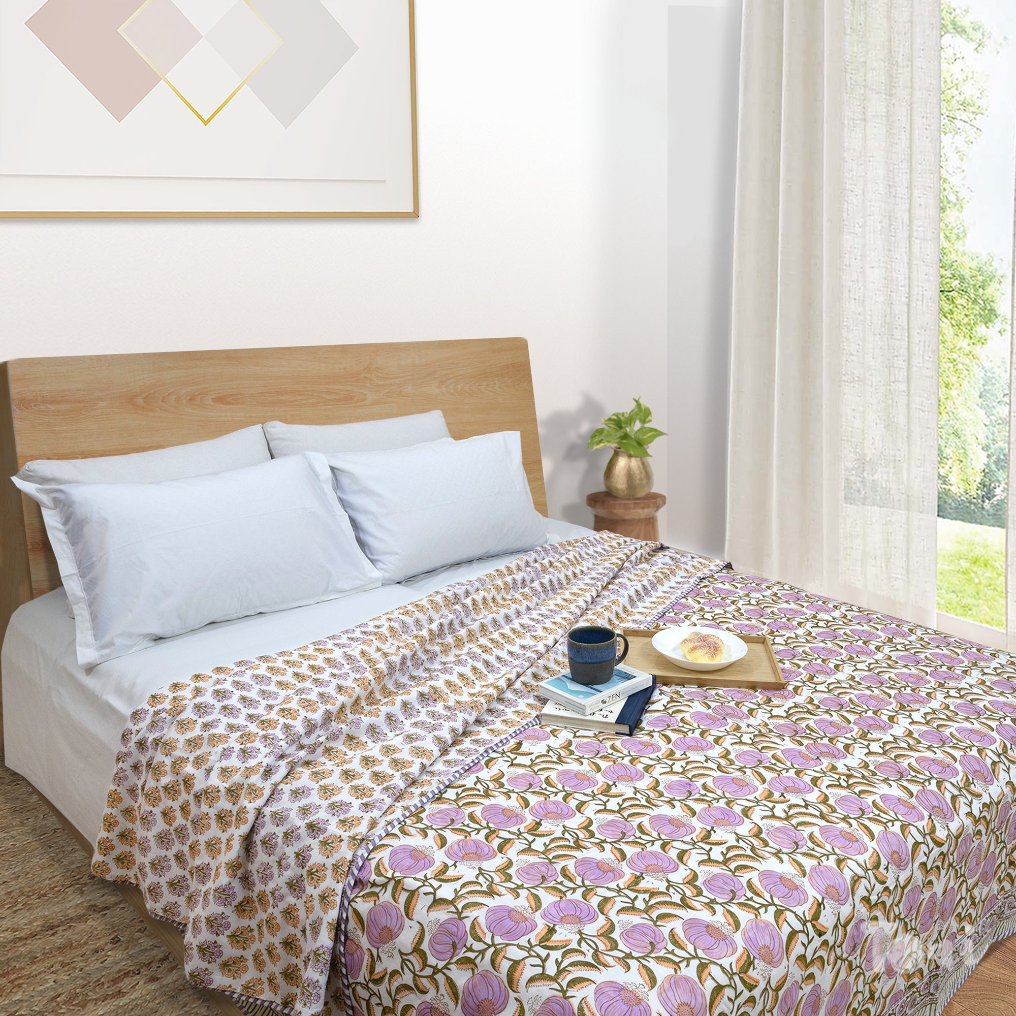 Round Flowers on Green |All- Season Bedding Set | Long Staple Fiber Bedsheet , Pillow Covers, Dohar