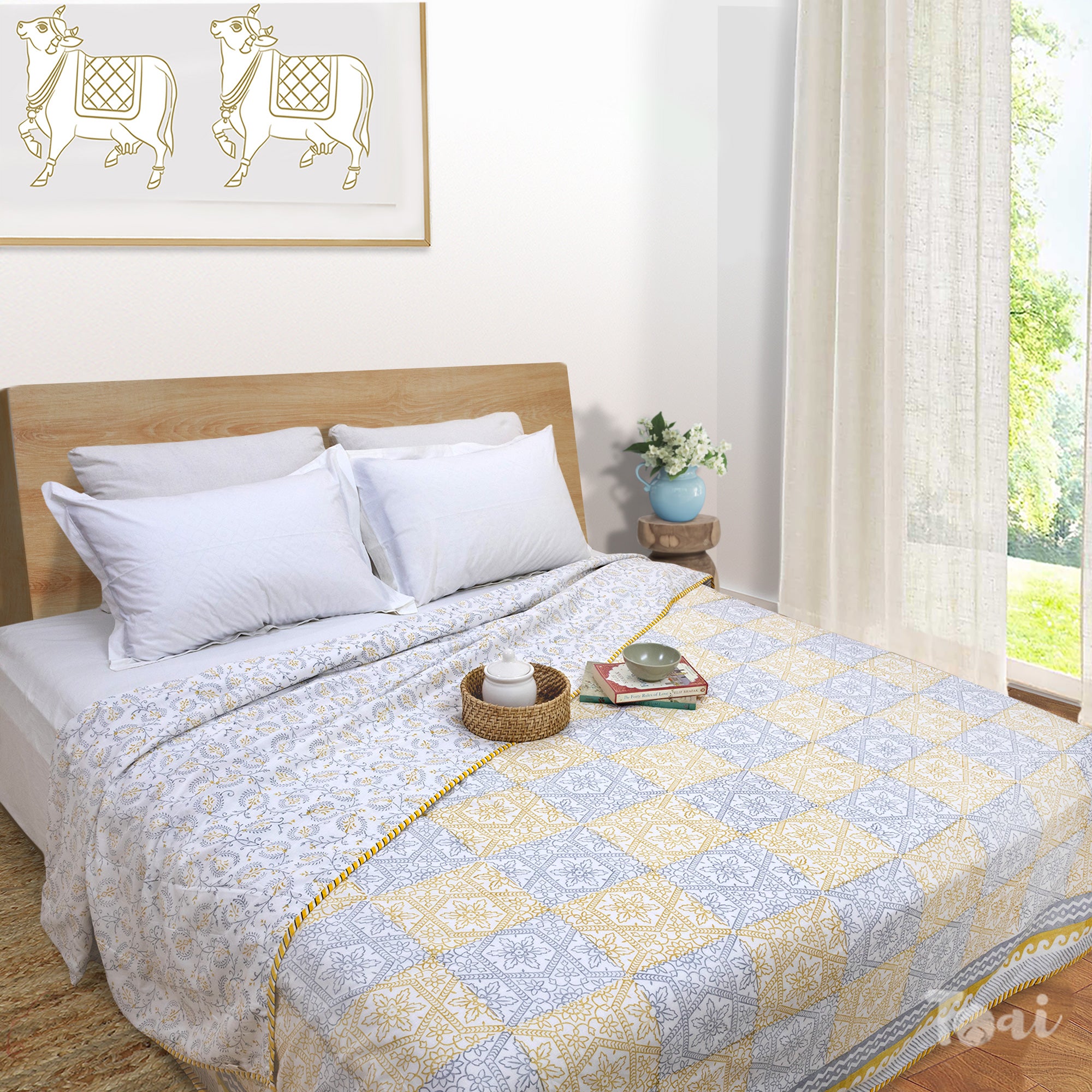 Yellow Grey Jharokha | Dohar | Summer Blanket