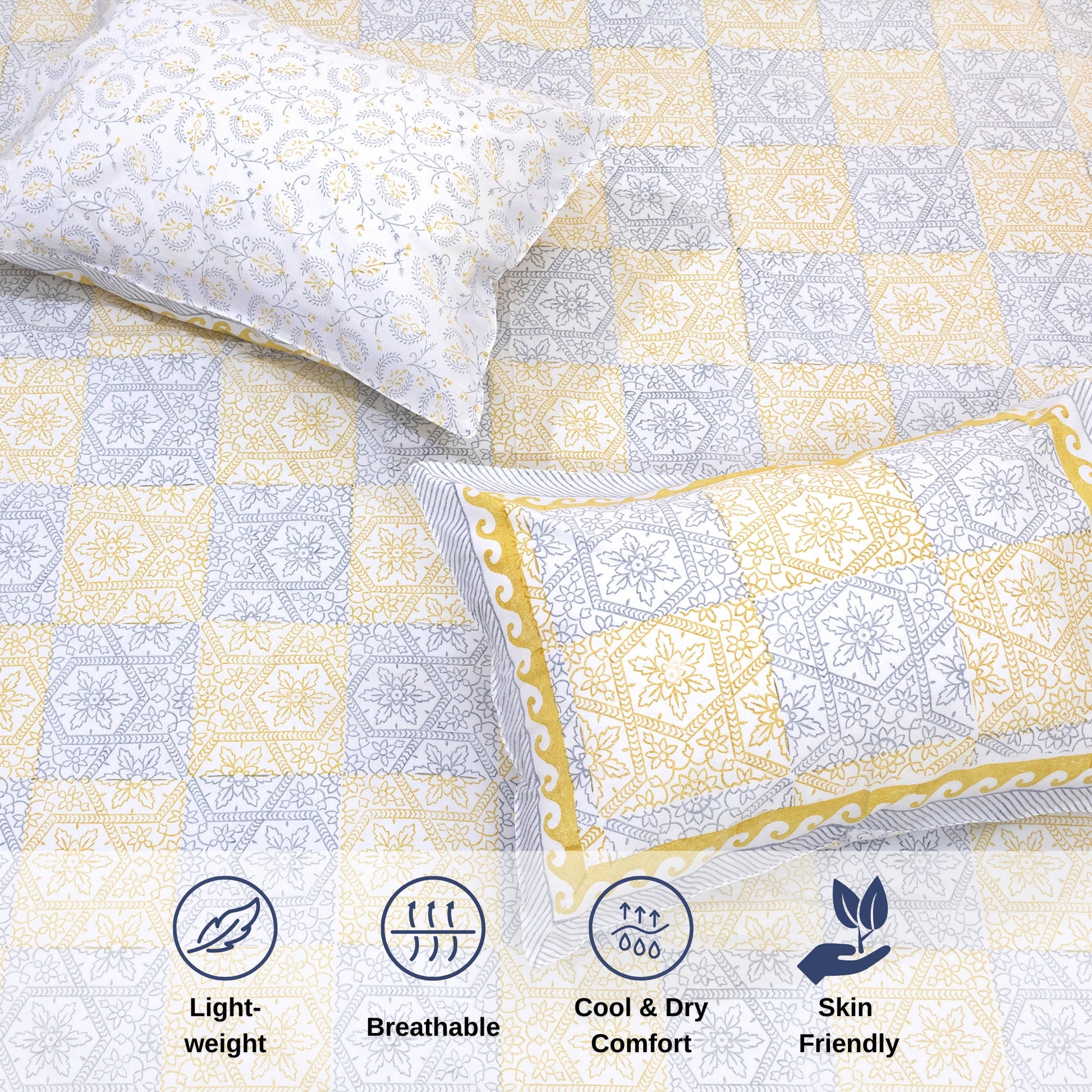 Yellow Grey Pattern  - Bedsheet for double bed