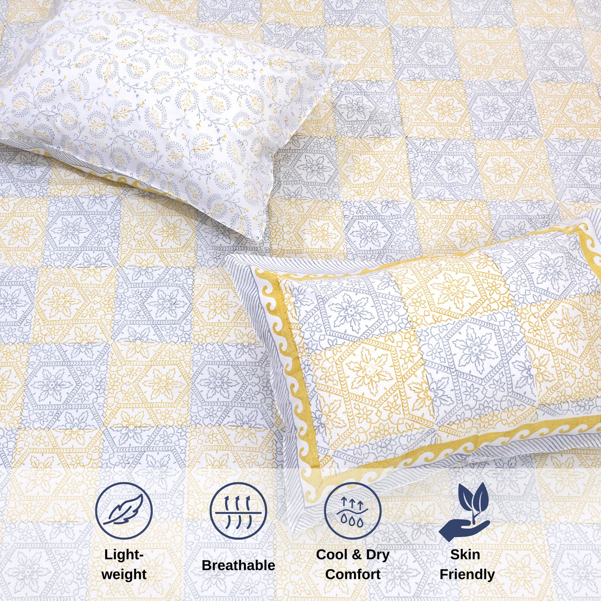 Yellow Grey Pattern  - Bedsheet for double bed