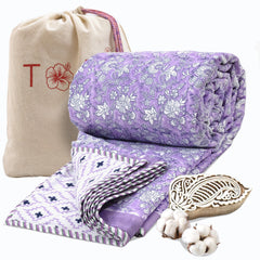 Lavender Kalamkari | 300TC Bedsheet | 2 Pillow Covers | Mulmul Cotton Dohar