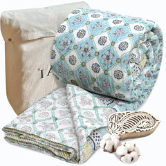 Small Blue Jaal | 300TC Bedsheet | 2 Pillow Covers | Mulmul Cotton Quilt