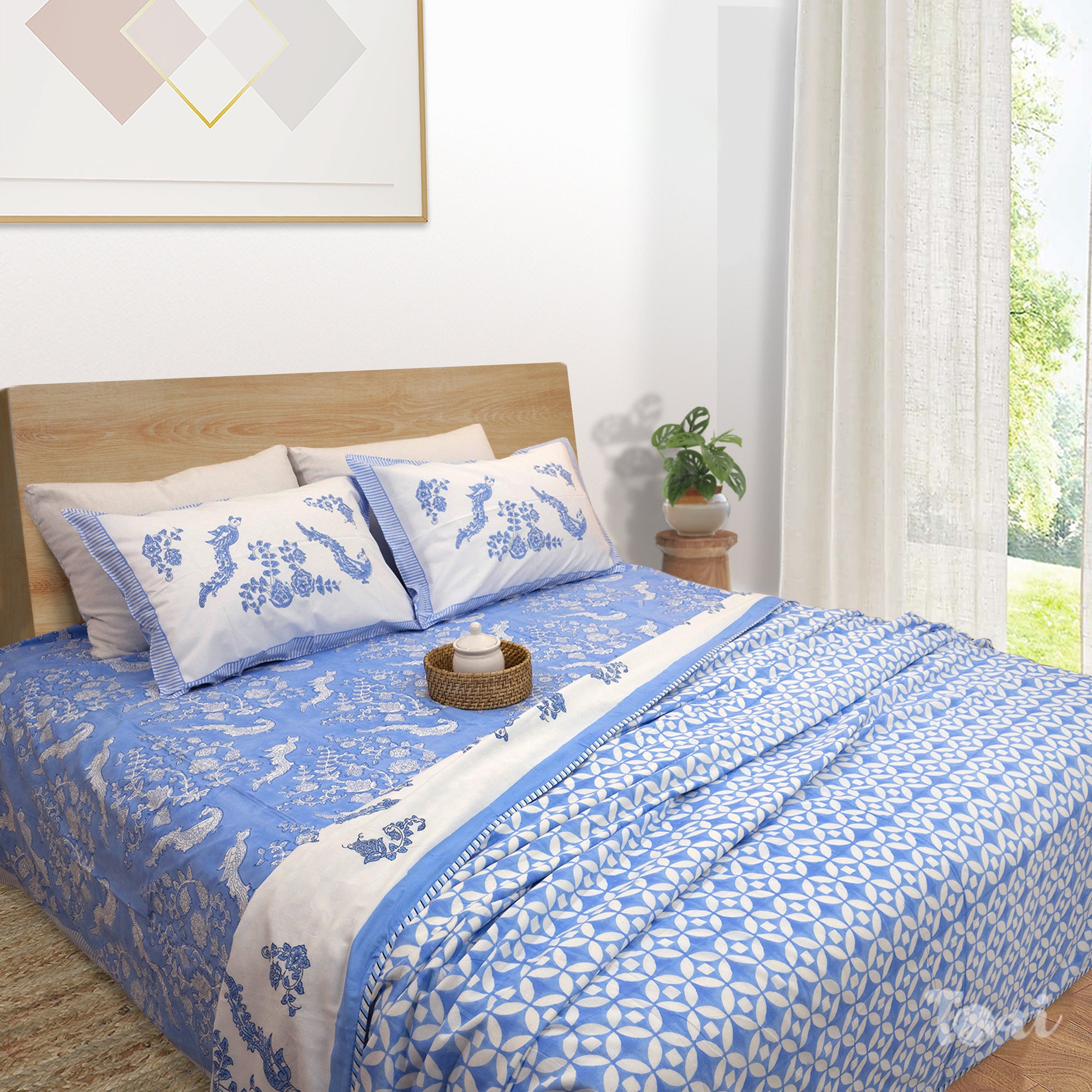 Blue Bird| All- Season Bedding Set | Premium Bedsheet , Pillow Covers, Dohar