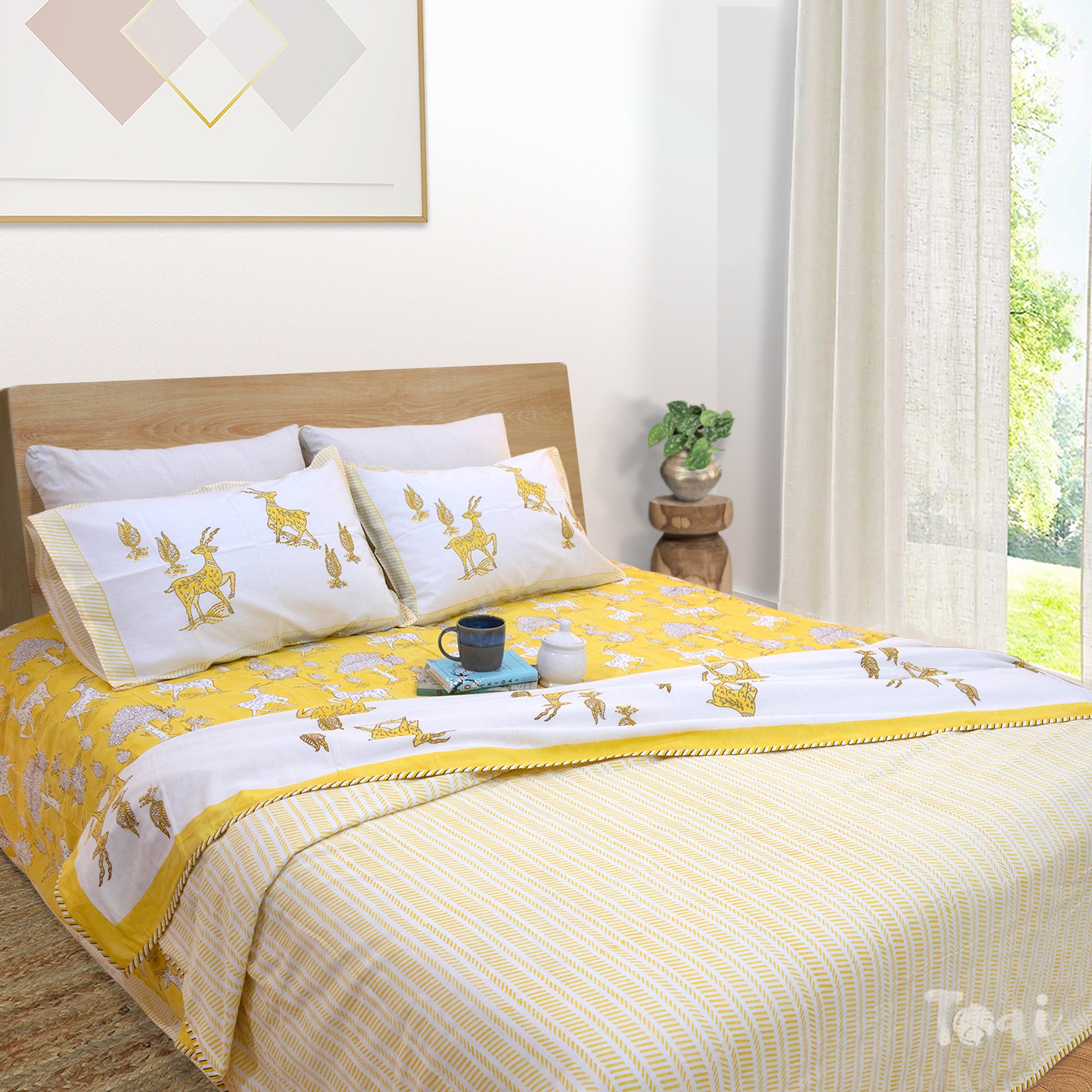 Yellow Deer | All- Season Bedding Set | Premium Bedsheet , Pillow Covers, Dohar