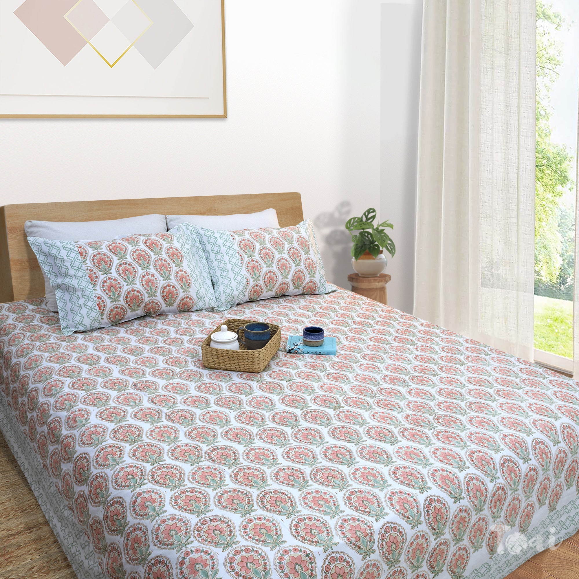 Peach Green White | Premium Bedsheet
