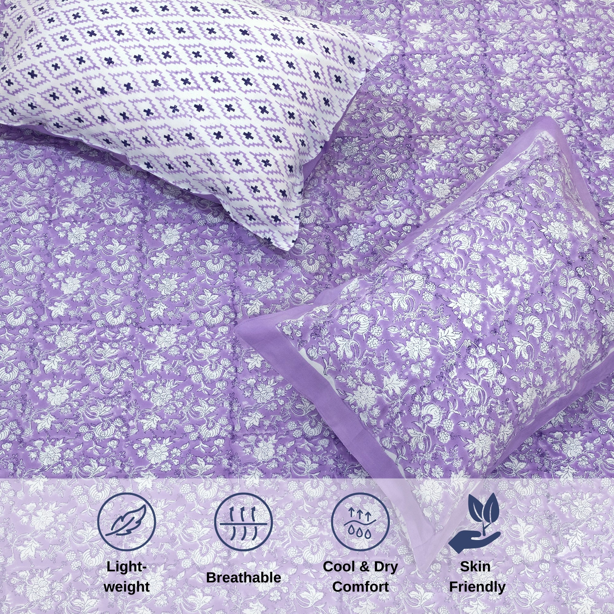 Lavender Kalamkari  - Reversible Pillow Covers double bedsheet