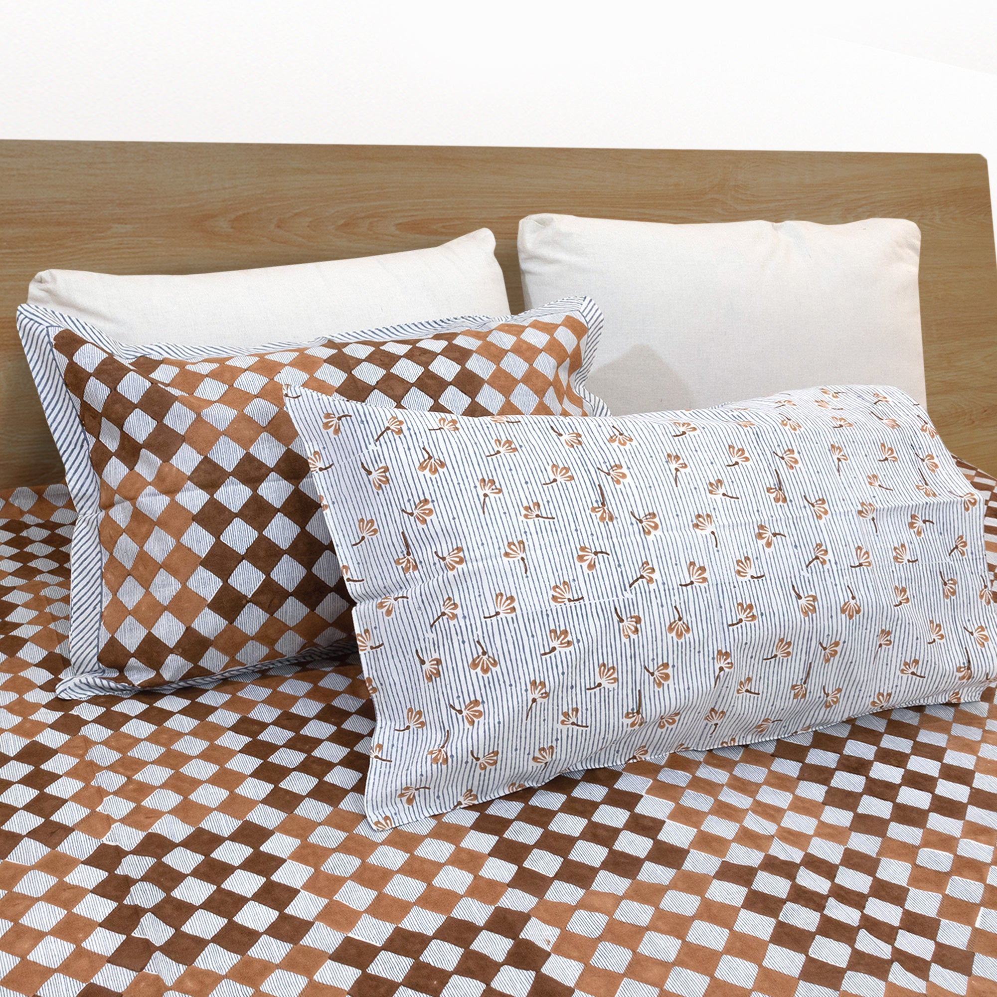 Brown Checks Blue Lines -Reversible Printed Pillow covers