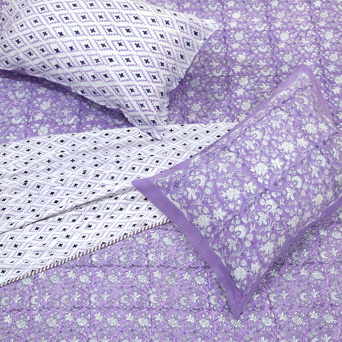 Lavender Kalamkari | All- Season Bedding Set | Premium Bedsheet , Pillow Covers, Dohar