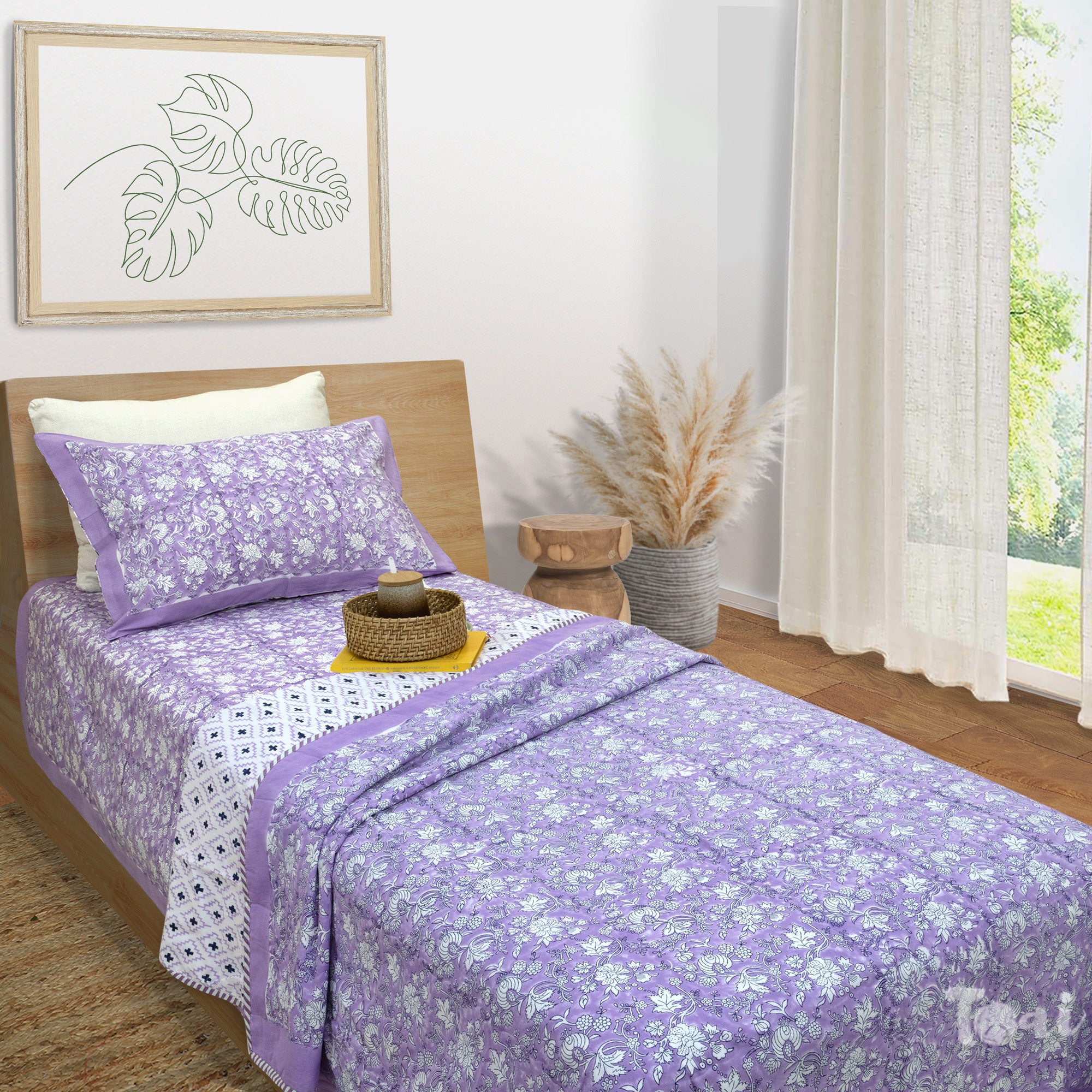 Lavender Kalamkari | All- Season Bedding Set | Premium Bedsheet , Pillow Covers, Dohar