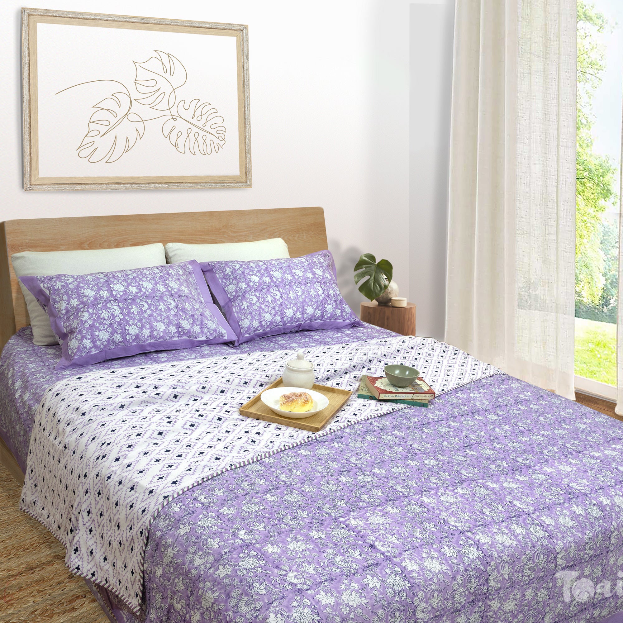 Lavender Kalamkari | All- Season Bedding Set | Premium Bedsheet , Pillow Covers, Dohar