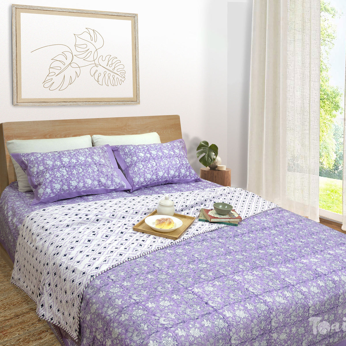 Lavender Kalamkari | All- Season Bedding Set | Premium Bedsheet , Pillow Covers, Dohar