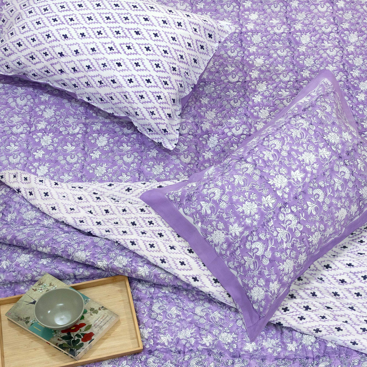Lavender Kalamkari| Comforter Bedding Set | Premium Bedsheet , Pillow Covers, Quilt / Razai