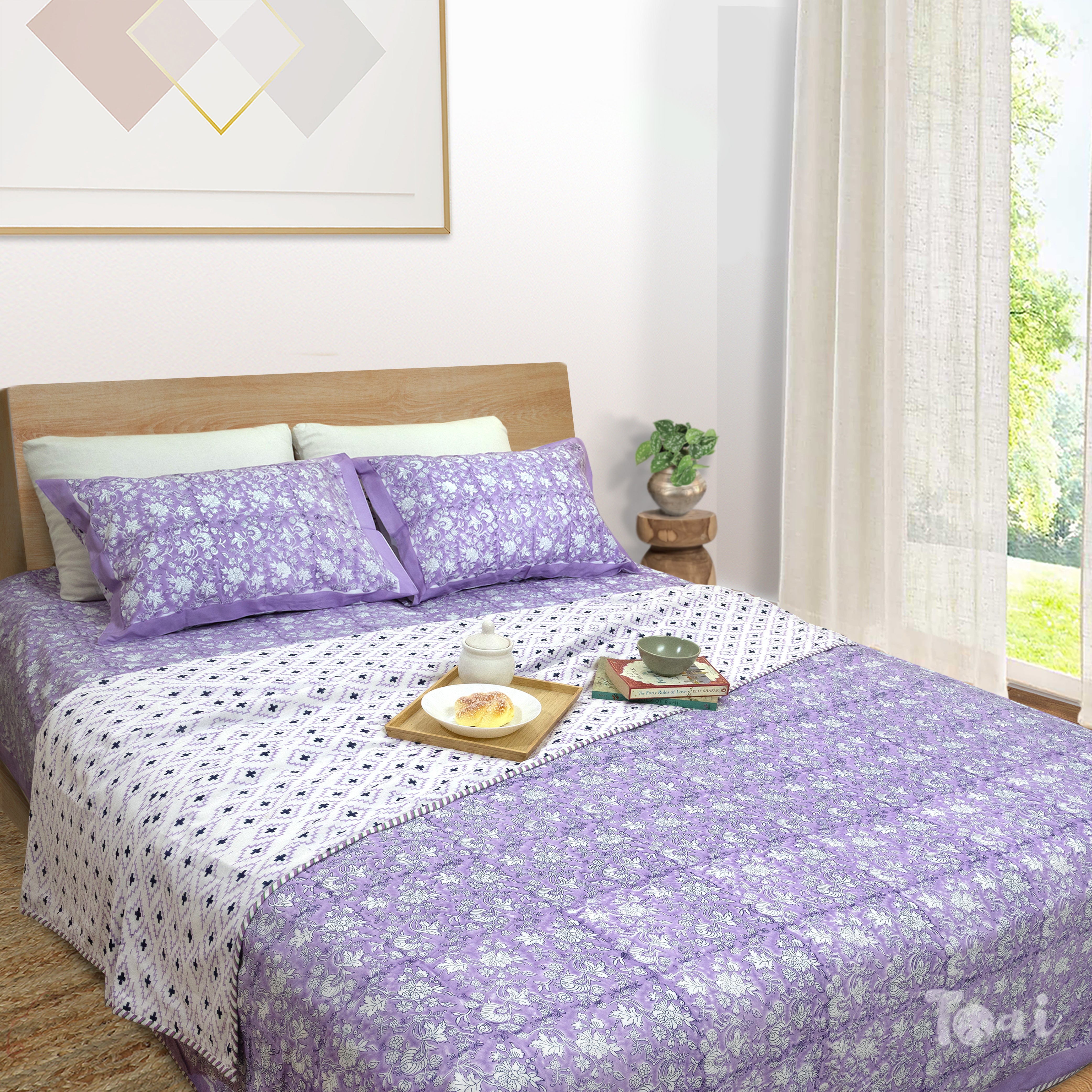 Lavender Kalamkari | All- Season Bedding Set | Premium Bedsheet , Pillow Covers, Dohar